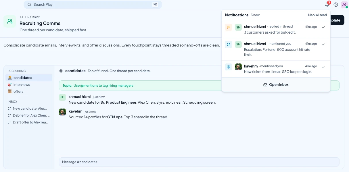 Communicate recruiting channel with candidate messages, notification menu, and action inbox