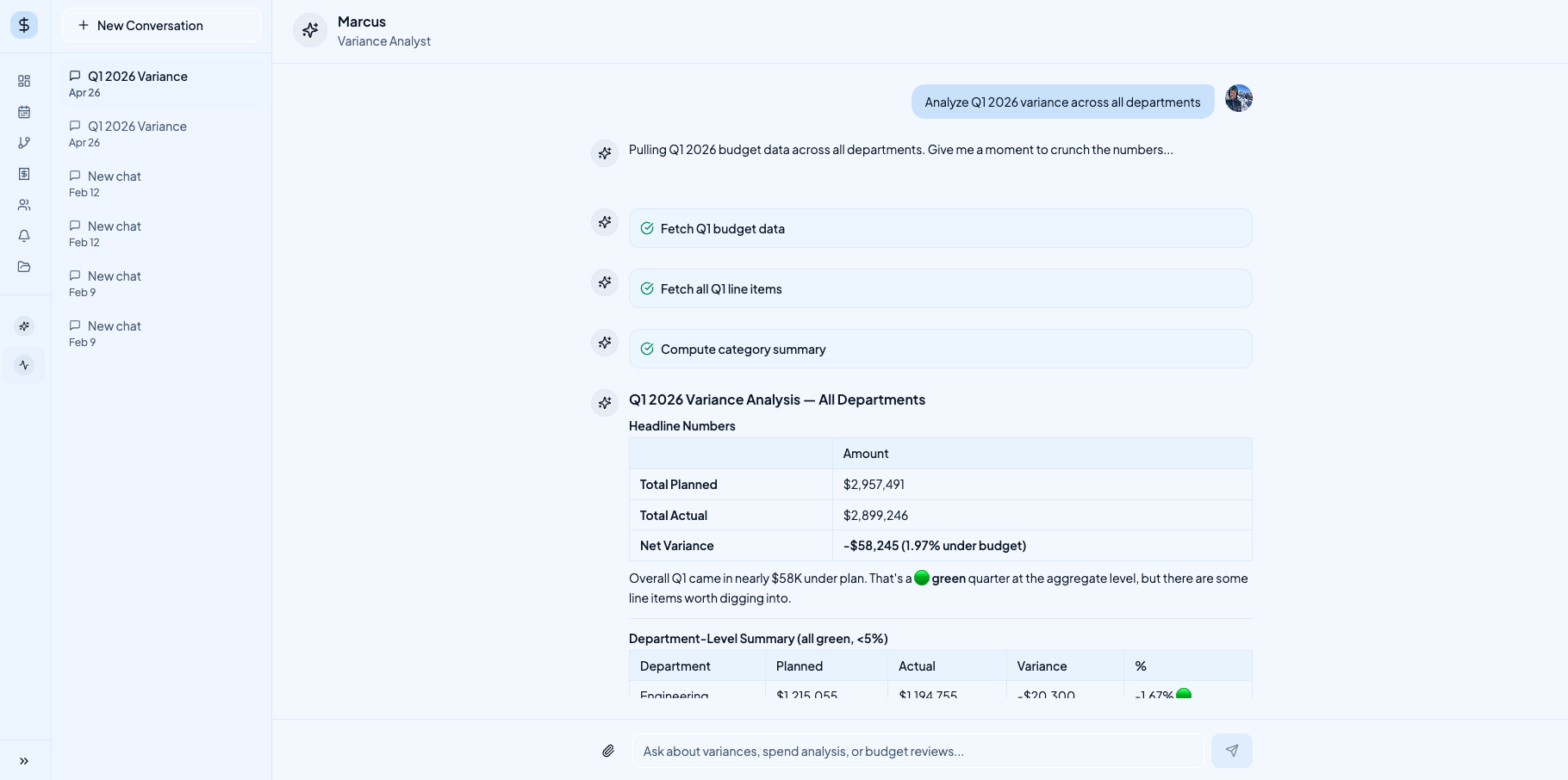 Compound Q1 2026 variance analysis with Marcus, the variance analyst AI