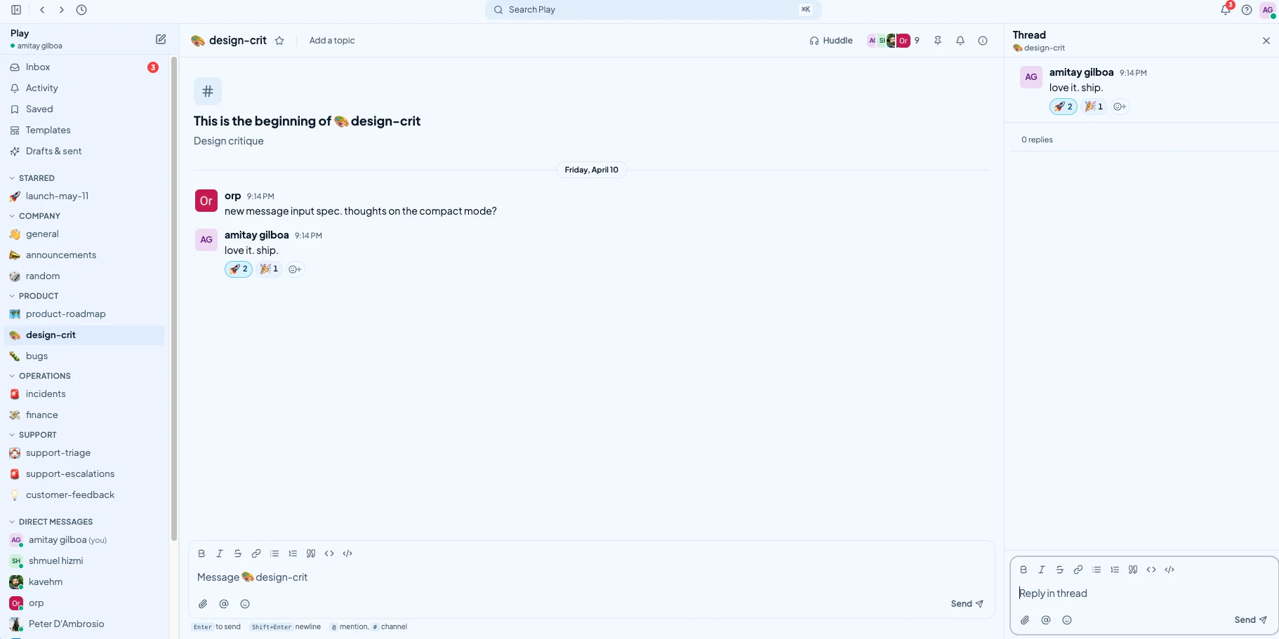 Communicate channel with a right-side thread panel open for focused replies