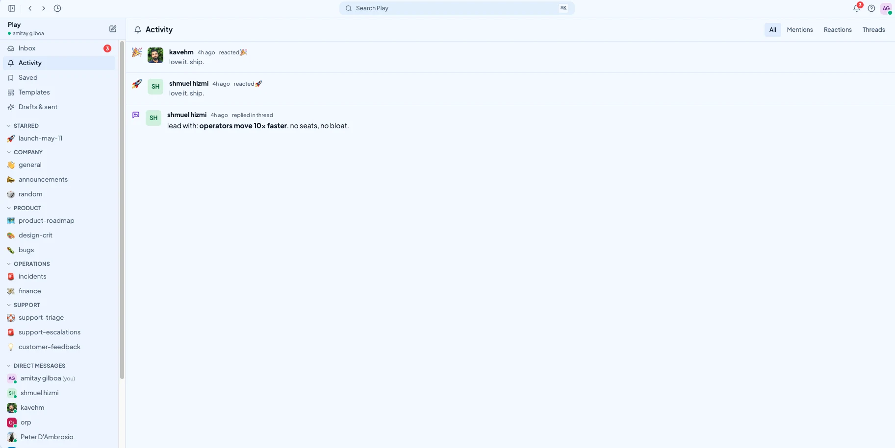 Communicate activity view showing reactions, replies, mentions, and team updates