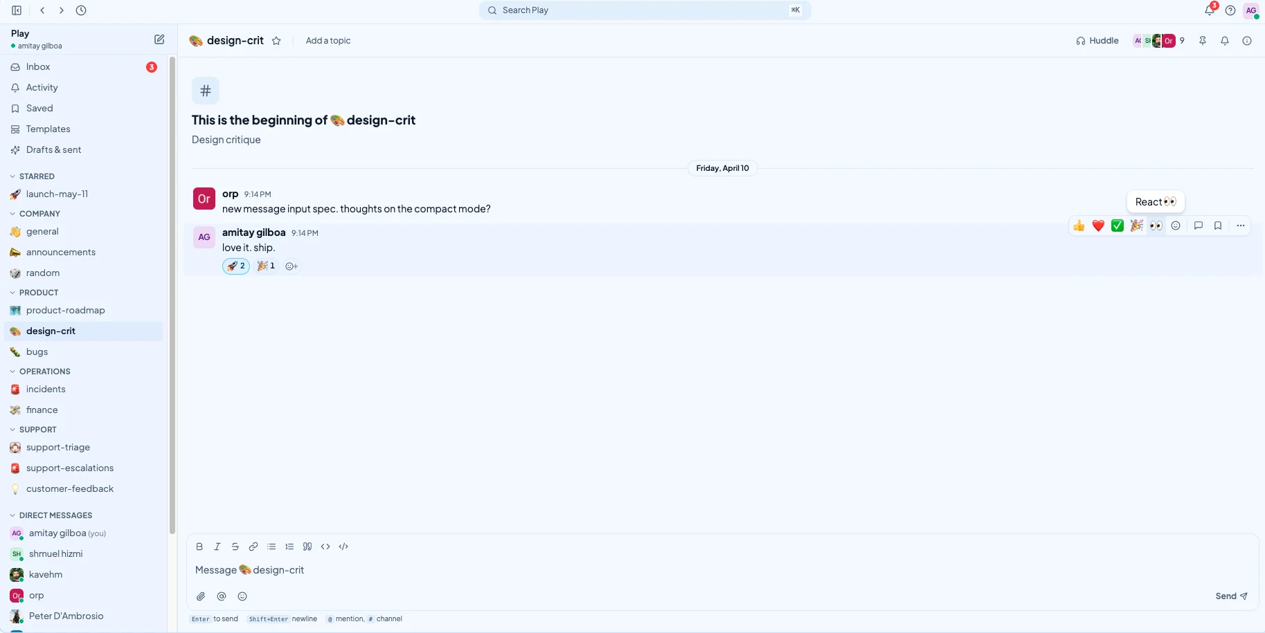 Communicate design channel with project discussion, emoji reactions, and message hover actions