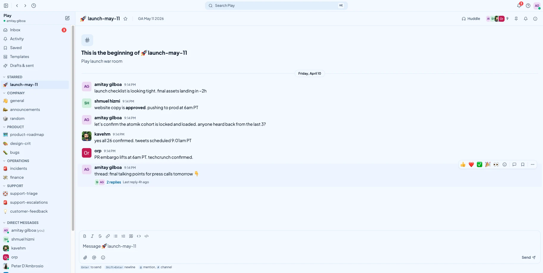 Communicate launch channel with team messages, reactions, hover actions, and huddle details