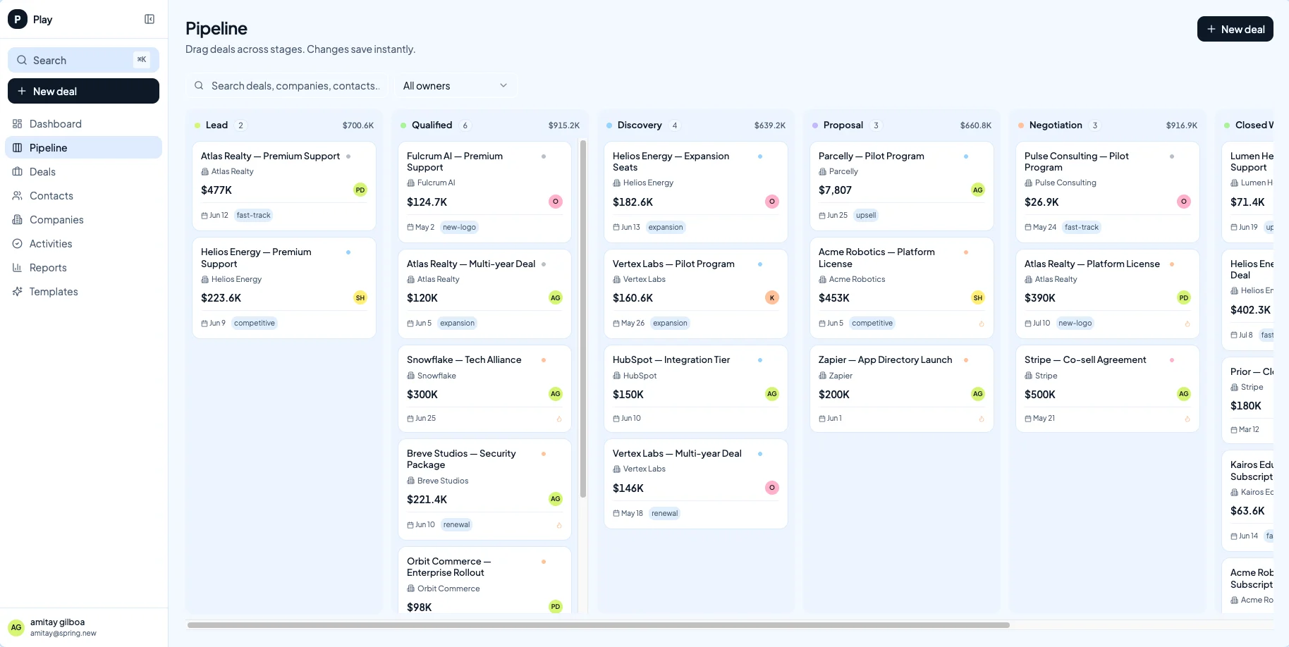 Winning CRM drag-and-drop pipeline board with deals organized by sales stage