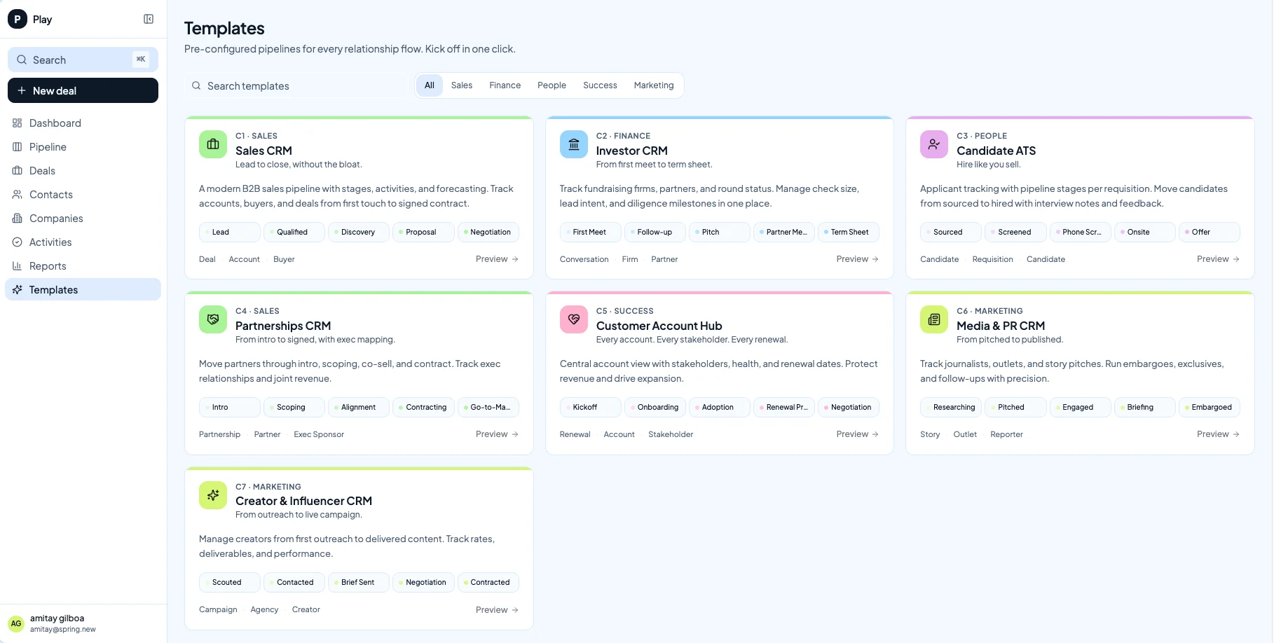 Winning CRM templates gallery with sales, finance, people, success, and marketing templates