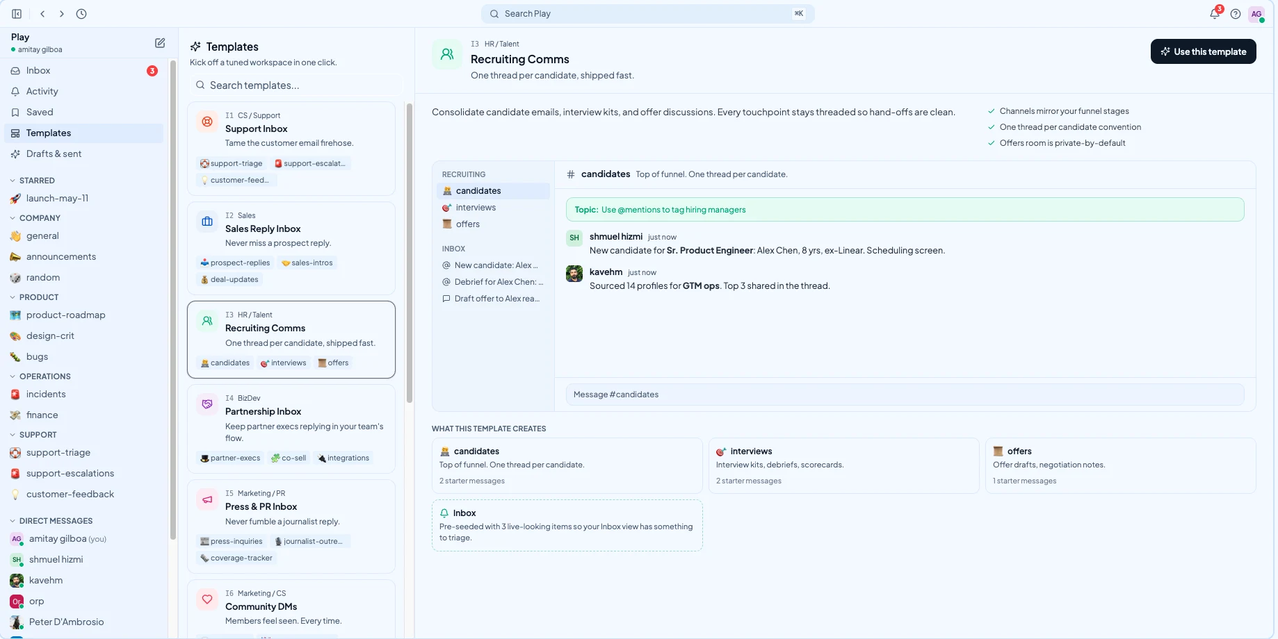 Communicate templates workspace with channels, inboxes, direct messages, and a recruiting communications template preview