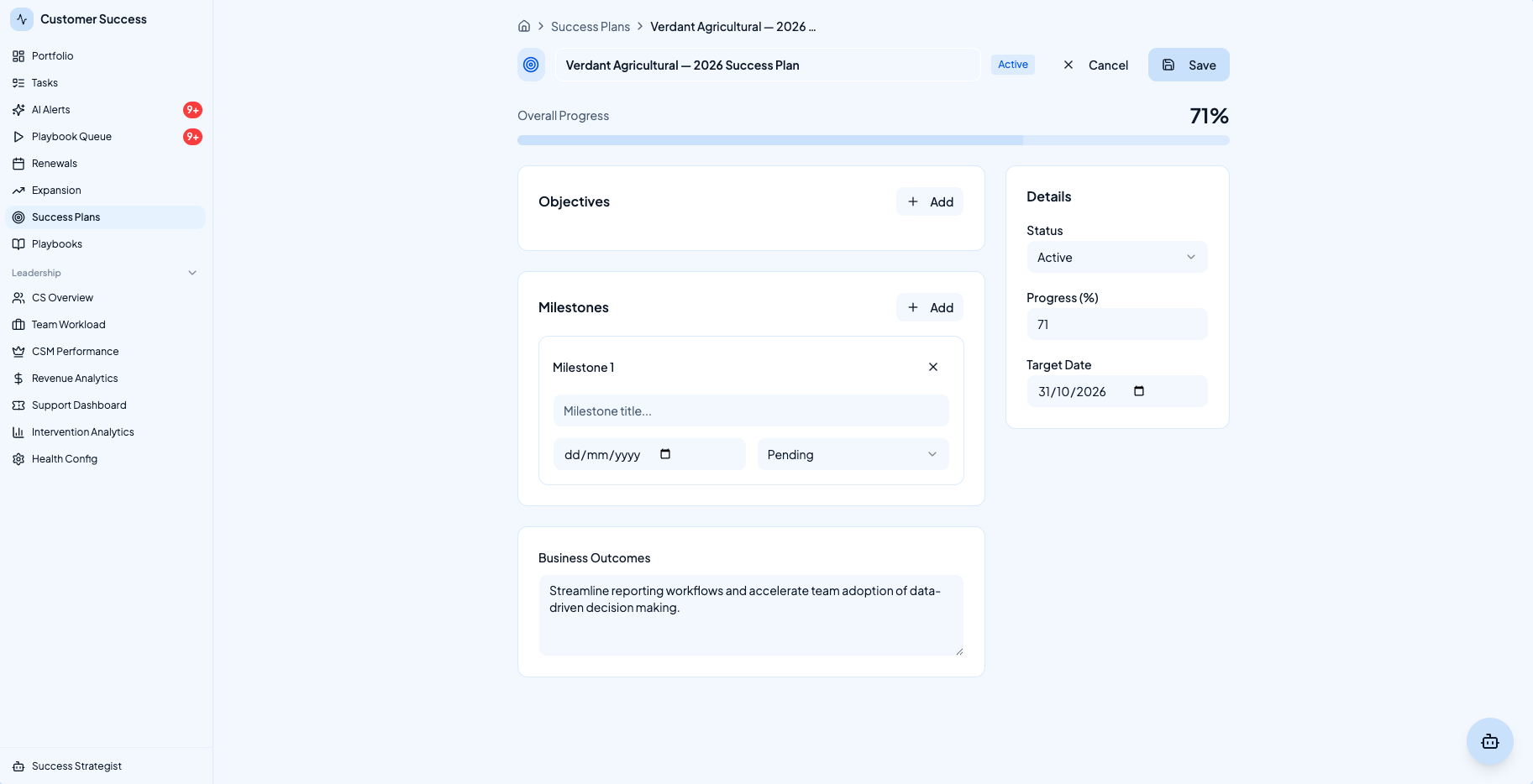 Retentive success plan editor with objectives, milestones, and business outcomes