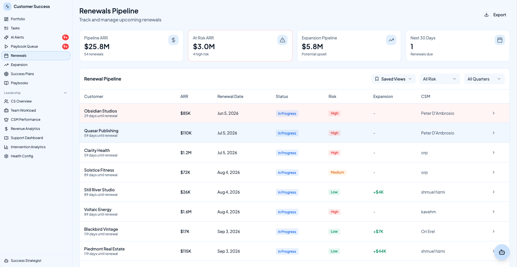 Retentive renewals pipeline with at-risk ARR, expansion pipeline, and per-customer renewal dates
