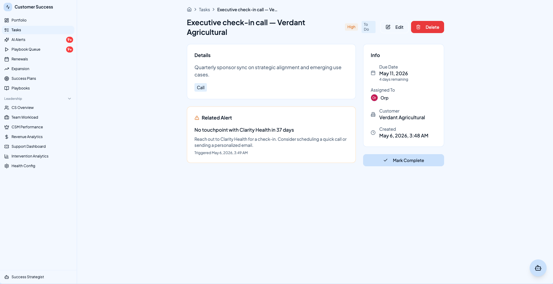 Retentive task detail with related AI alert flagging missed touchpoints