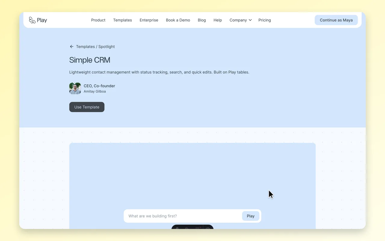 The templates page on the Play website with the pointer resting on the Install button of one template card.