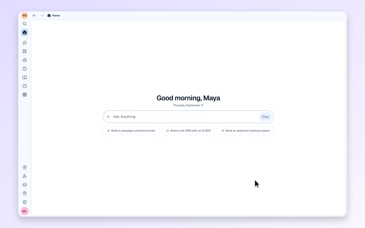 The Play home screen with a short greeting, a large message box in the middle, and three suggested ways to start.